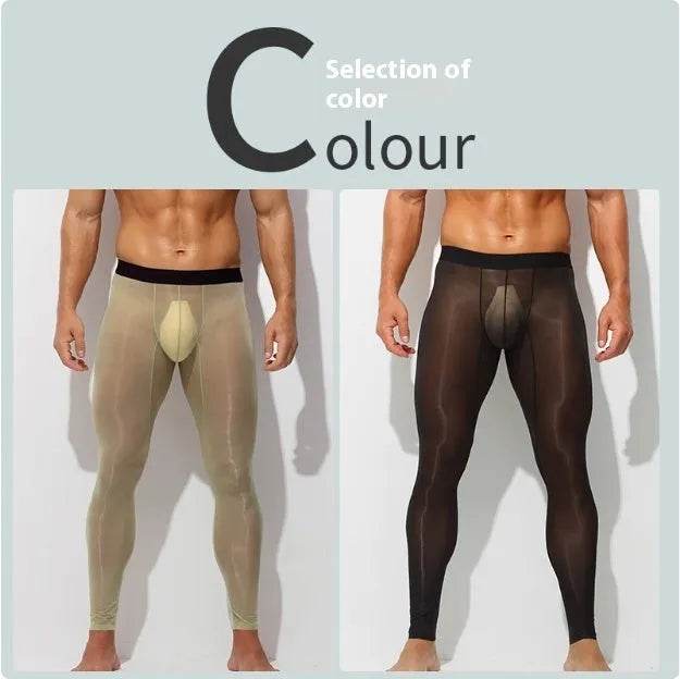 Men's Ultra thin Ice Silk Long John Skinny Flesh Nude Reflective Slim Leggings