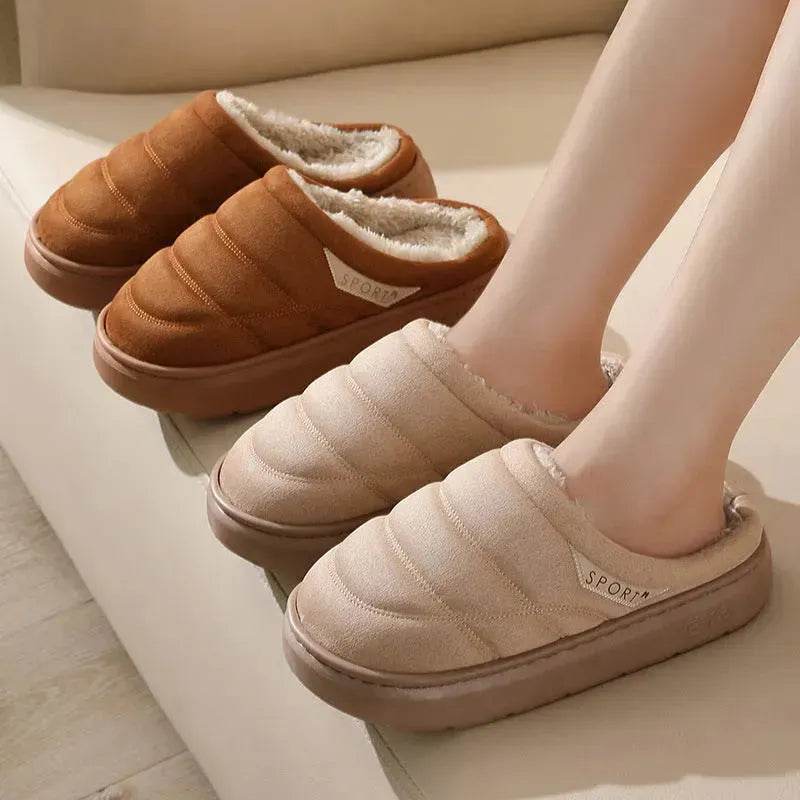 Fashion Solid Plush Slipper Winter Warm Indoor Floor Bedroom Home Slippers For Couple Thick-soled House Shoes Women Men - Velora