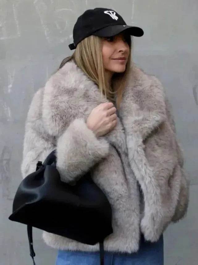 Winter Plush Open front Coat Thick lapel Outwear Faux Fur Coat women - Velora