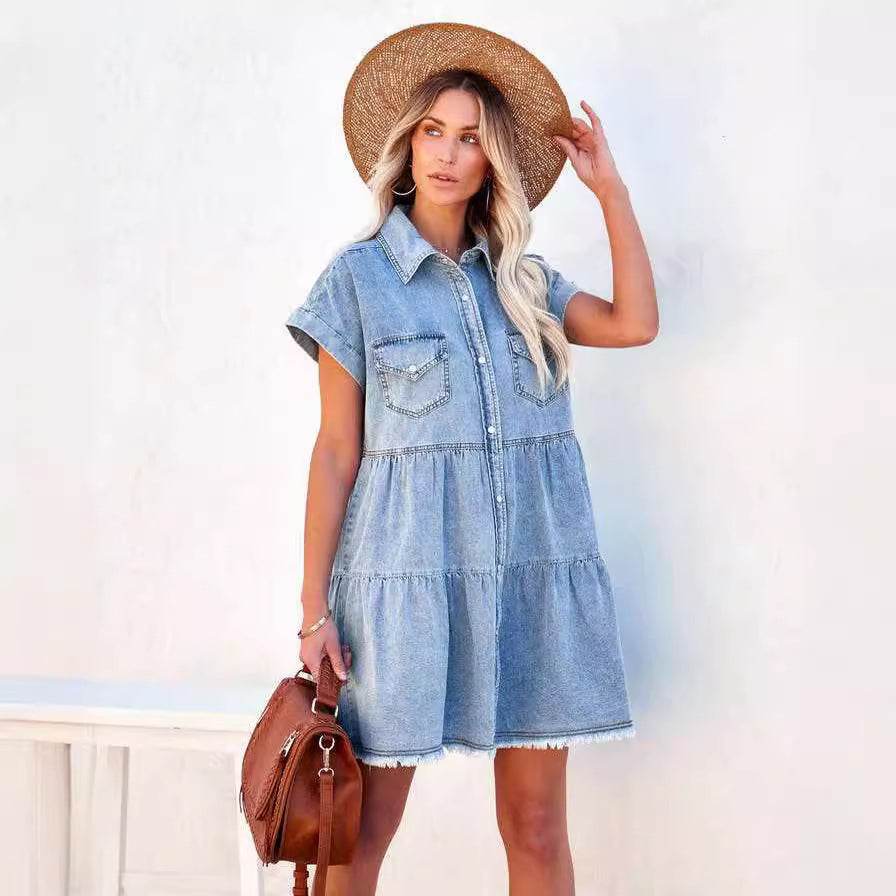Casual Fashion Denim Short Sleeve loose mini Dress - Velora