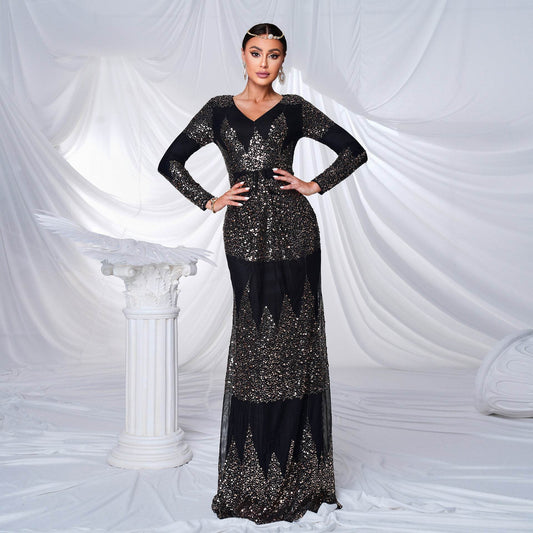 Long Sleeve V-neck Sexy Slim-fit Long Sequined Banquet Evening Dress - Velora