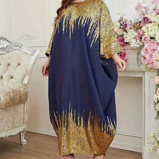 Fashion Embellish Fancy Abaya Middle East Print Color Contrast Patchwork Bat Sleeve Width Loose Summer Long Sleeve Dress - Velora