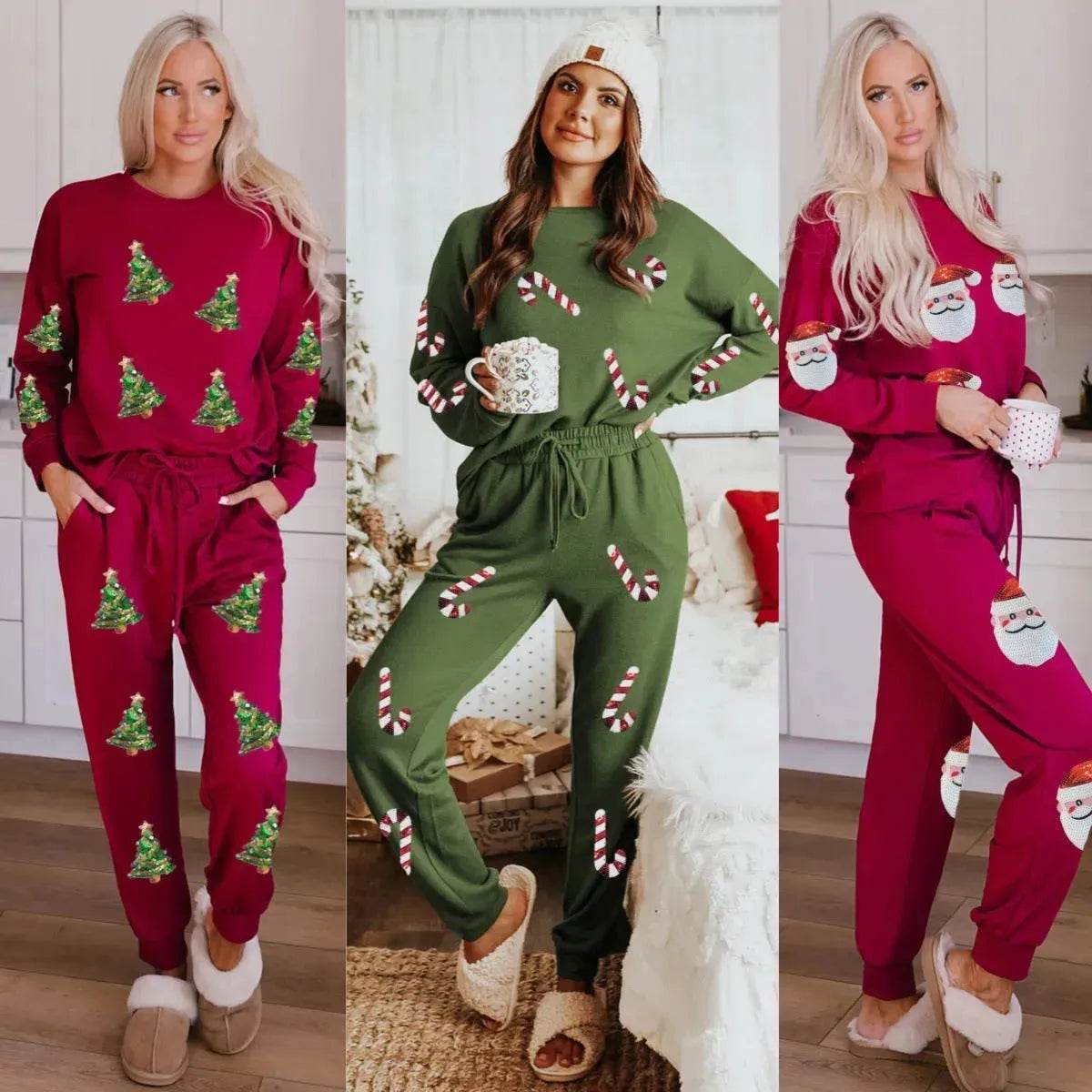 Women's Christmas sweatsuit Sequins Long Sleeve Pants Two-piece Set Fashion Casual Set - Velora