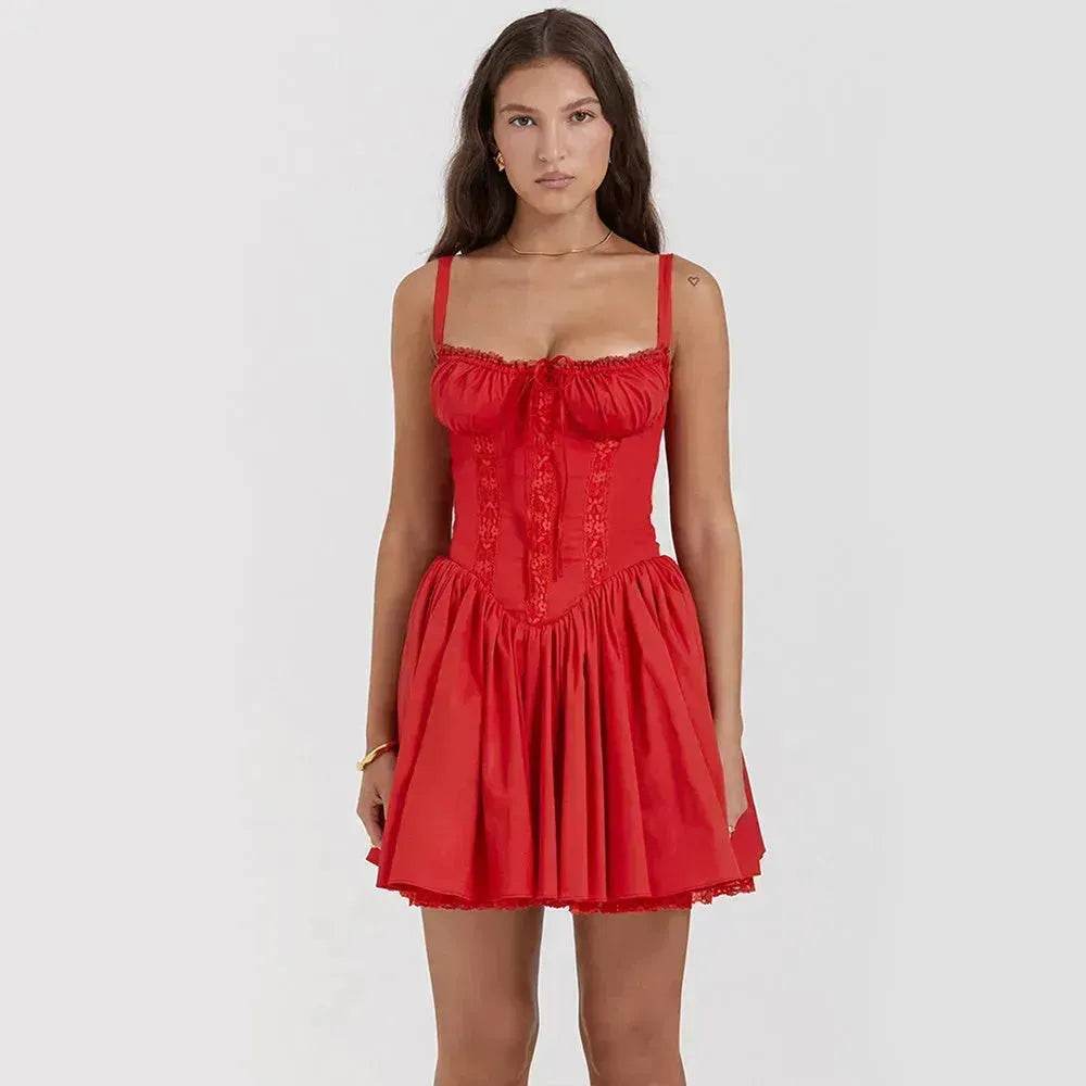 Elegant Chic Women Suspender Mini Skater Dress Summer Fashion Lace-up Slim Waist Pleated Short Dresses For Evening Party Cocktail Occasions - Velora