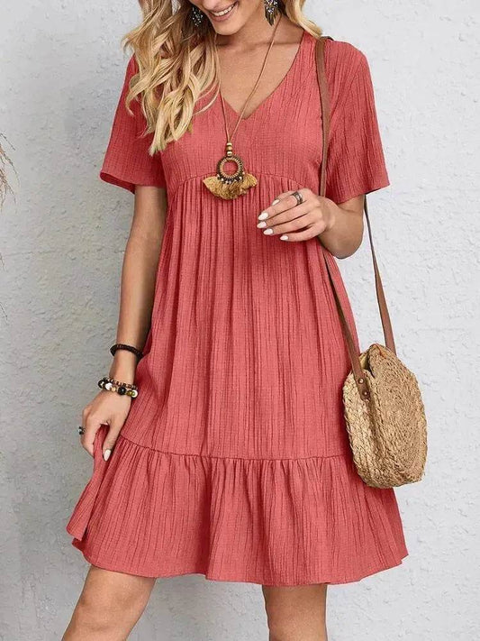 Summer Beach V-neck Dresses Women's Loose Casual Short-sleeved Loose Skater Dress for Chic Ladies - Velora