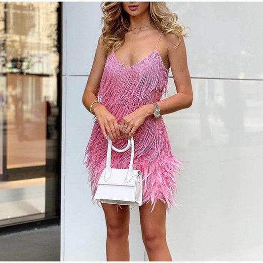 Sexy Tassel Sequins Feather Summer Mini Dress Women V Neck Spaghetti Strap Stitching Dresses Female Elegant Evening Party Club Dress - Velora