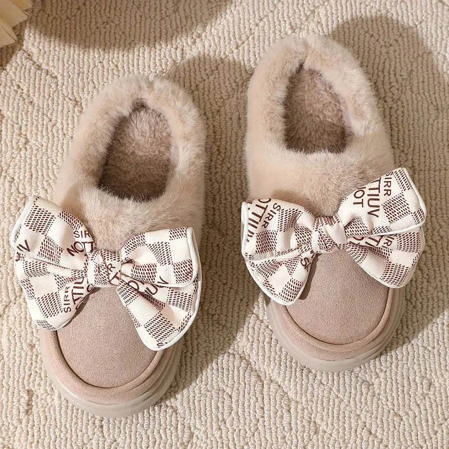 Cute Bowknot Plush Slipper Winter Warm Indoor Floor Bedroom Home Slippers For Women Fashion Thick-soled Solid House Shoes - Velora