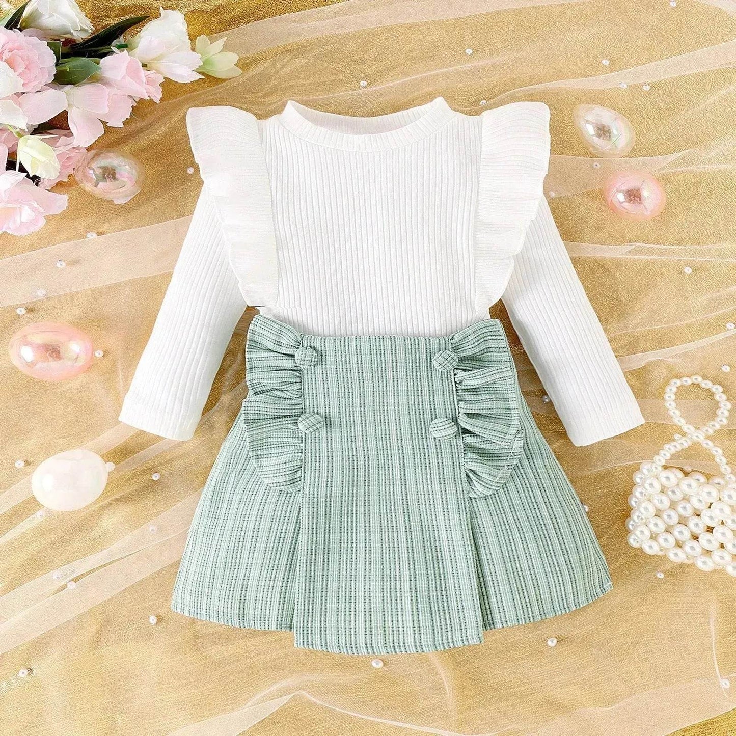 Newborn baby girl Cross-border Sunken Stripe Long Sleeve Classic Style Plaid Short Skirt Two-piece Set for baby girl - Velora