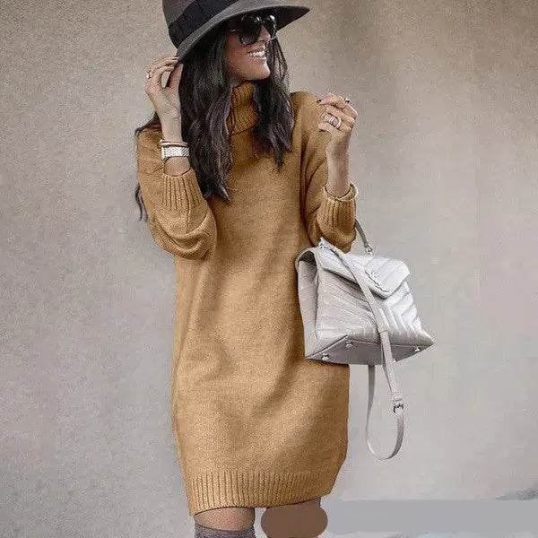 Autumn Winter Woolen Knitted Short Turtleneck Sweater Dress - Velora