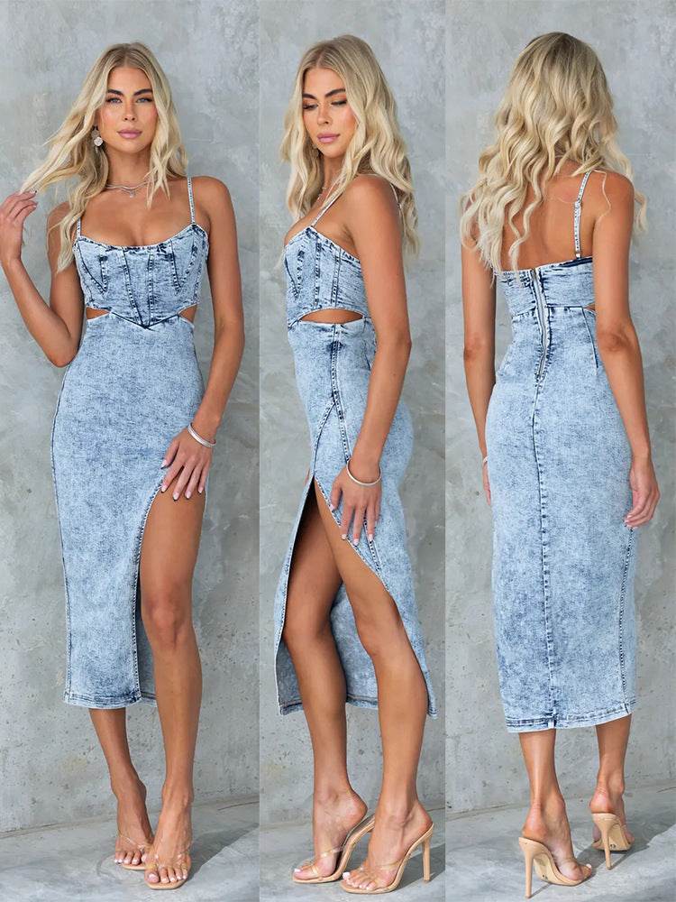 Women's Fashion Personalized Sleeveless Sling Denim Split Midi fitted Dress - Velora