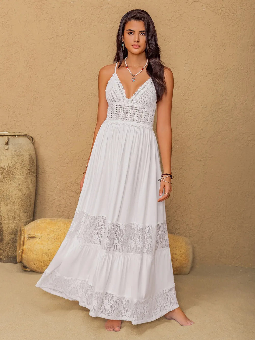 Lace Detail Crochet Tiered Maxi Cami Dress - Velora