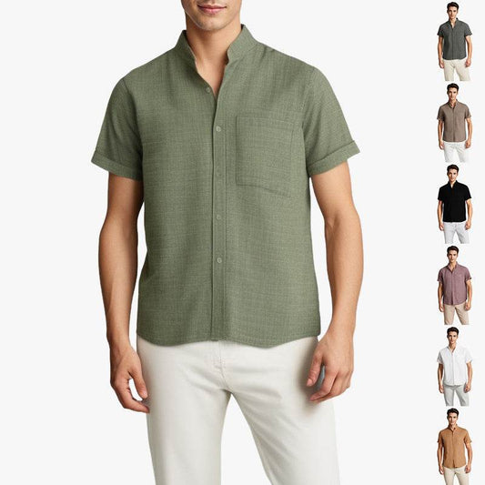 Solid-color Short-sleeved Lapel Shirt Summer Breathable Cotton And Linen Top Mens Clothing - Velora