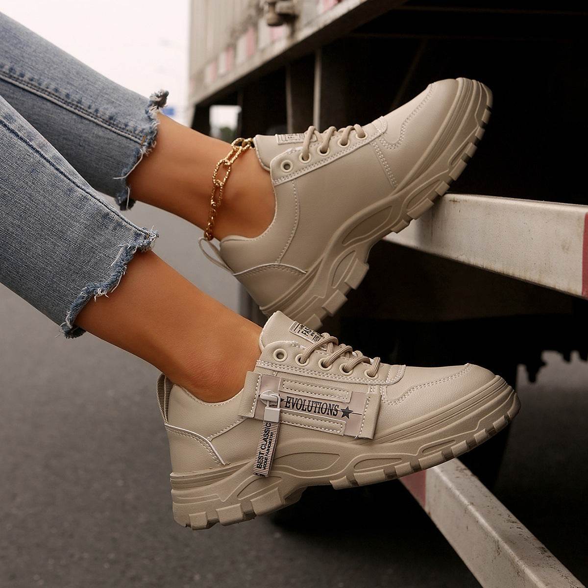 Lace-up Sports Shoes With Side-Zipper Design Fashion Thick-soled Round-toe Casual Shoes For Women Sneakers - Velora