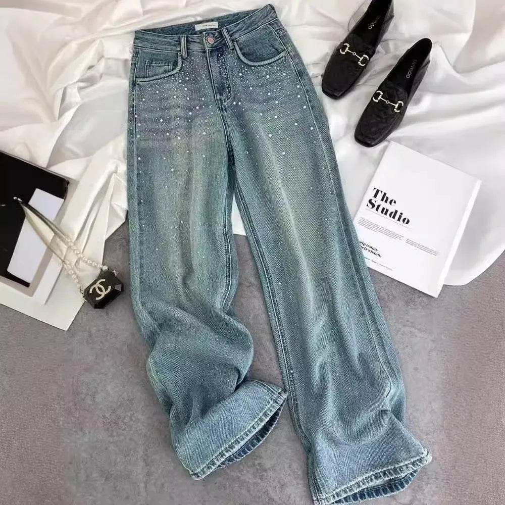 Starry Diamond In The Debris Rhinestone Straight Baggy Jeans Pant For Women - Velora