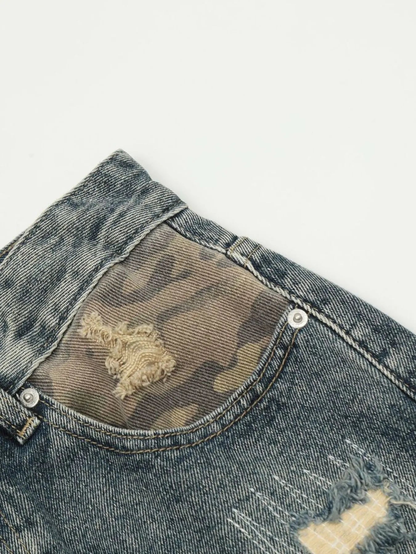 Men's Distressed Camouflage Patchwork Jeans - Velora