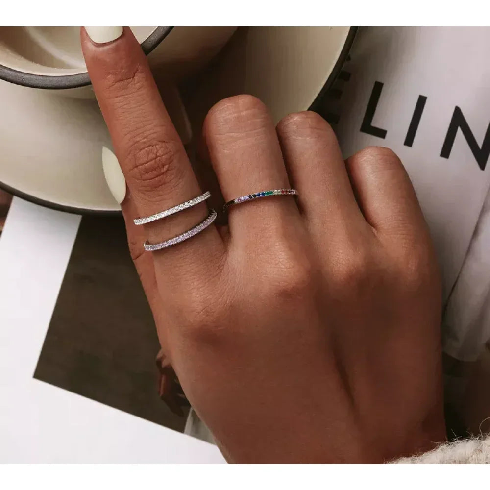 925 Sterling Silver Cz Simulated Diamond Stackable Ring Platinum Plated Eternity Bands For Women - Velora Luxury Fashion