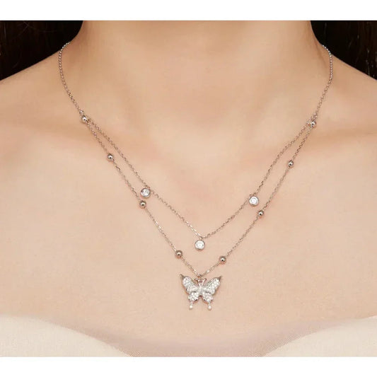 925 Sterling Silver Double-layer Tassel Butterfly Pendant Necklace for Women - Elegant Fine jewelry - Velora Luxury Fashion