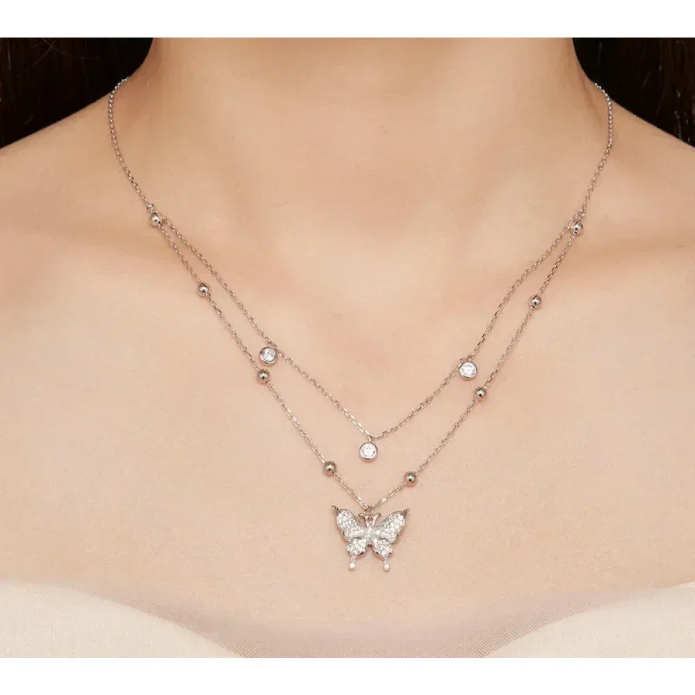 925 Sterling Silver Double-layer Tassel Butterfly Pendant Necklace for Women - Elegant Fine jewelry - Velora Luxury Fashion