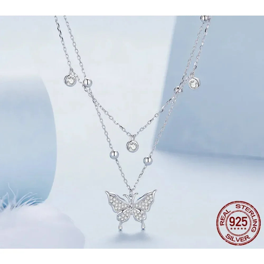 925 Sterling Silver Double-layer Tassel Butterfly Pendant Necklace for Women - Elegant Fine jewelry - Velora Luxury Fashion
