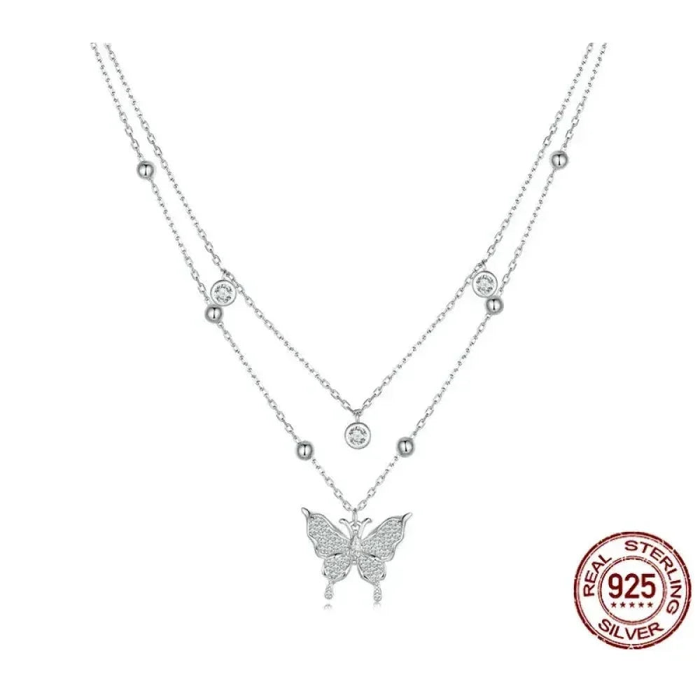925 Sterling Silver Double-layer Tassel Butterfly Pendant Necklace for Women - Elegant Fine jewelry - Velora Luxury Fashion
