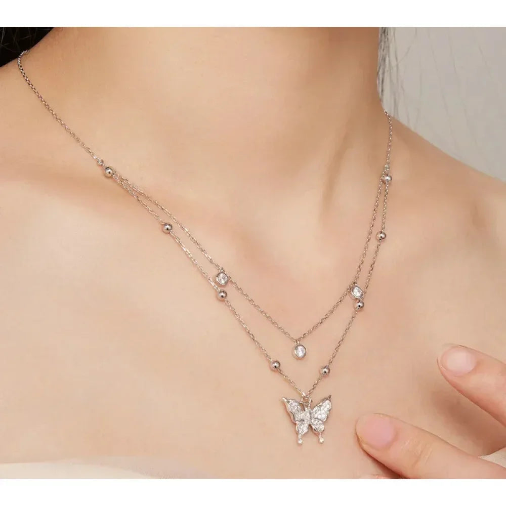 925 Sterling Silver Double-layer Tassel Butterfly Pendant Necklace for Women - Elegant Fine jewelry - Velora Luxury Fashion
