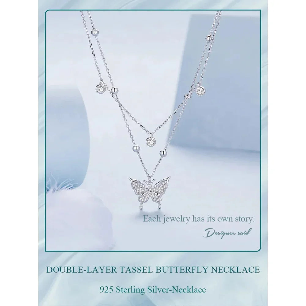 925 Sterling Silver Double-layer Tassel Butterfly Pendant Necklace for Women - Elegant Fine jewelry - Velora Luxury Fashion