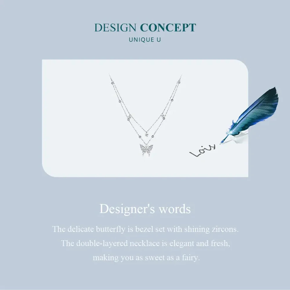 925 Sterling Silver Double-layer Tassel Butterfly Pendant Necklace for Women - Elegant Fine jewelry - Velora Luxury Fashion