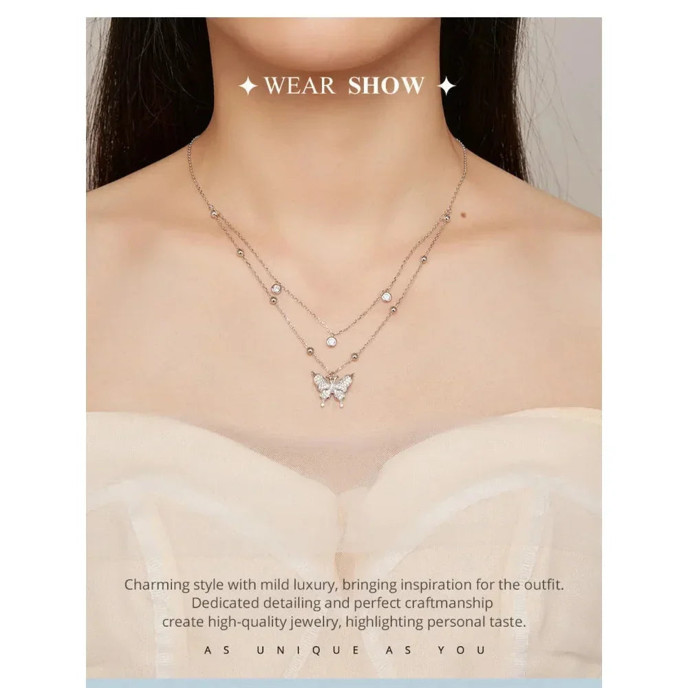 925 Sterling Silver Double-layer Tassel Butterfly Pendant Necklace for Women - Elegant Fine jewelry - Velora Luxury Fashion