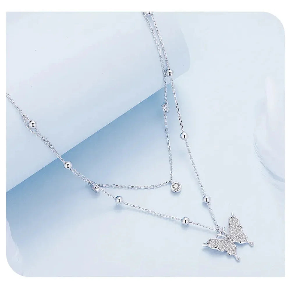 925 Sterling Silver Double-layer Tassel Butterfly Pendant Necklace for Women - Elegant Fine jewelry - Velora Luxury Fashion
