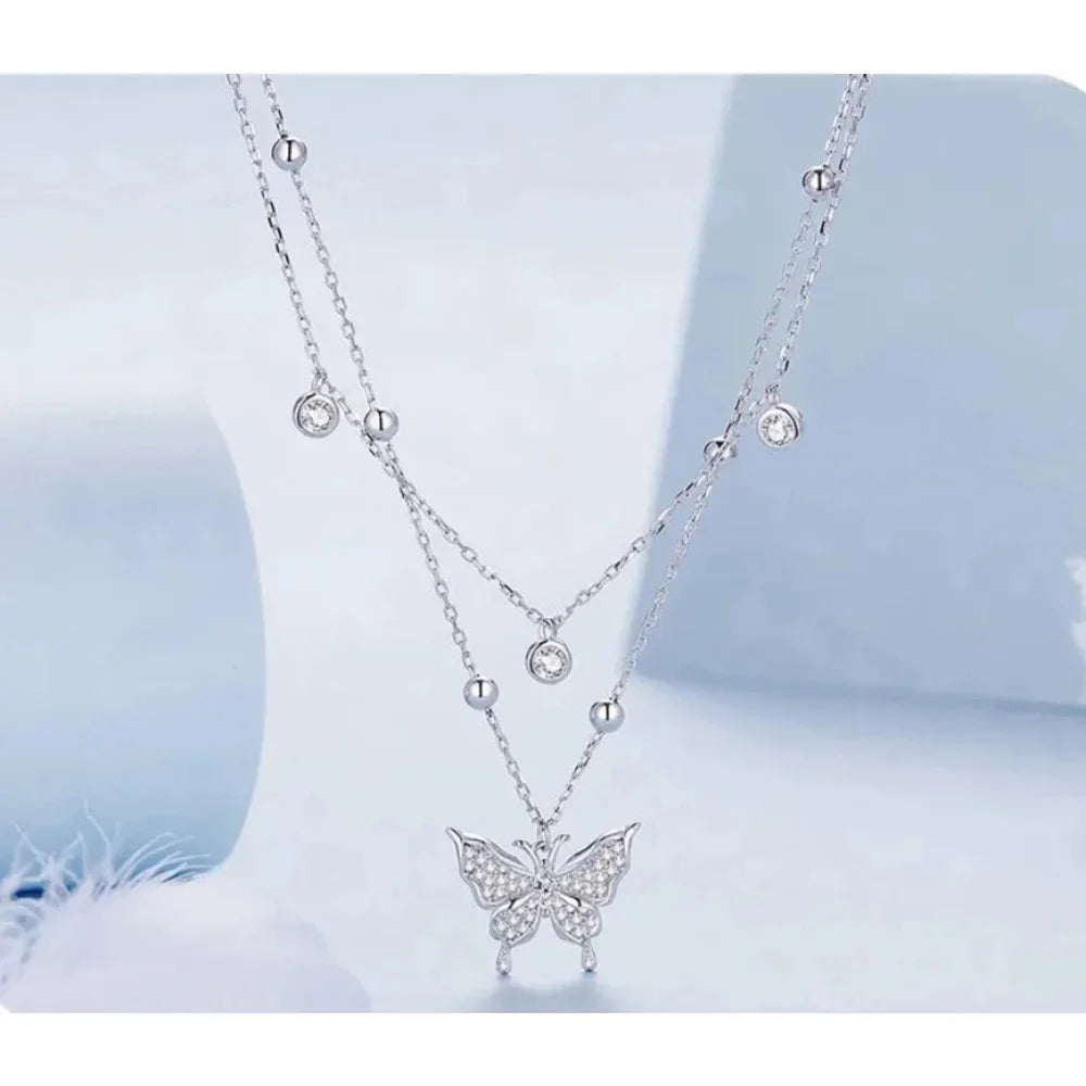 925 Sterling Silver Double-layer Tassel Butterfly Pendant Necklace for Women - Elegant Fine jewelry - Velora Luxury Fashion