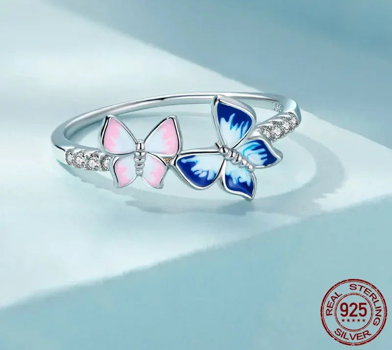 925 Sterling Silver Enamel Butterfly CZ Band Ring - Velora Luxury Fashion