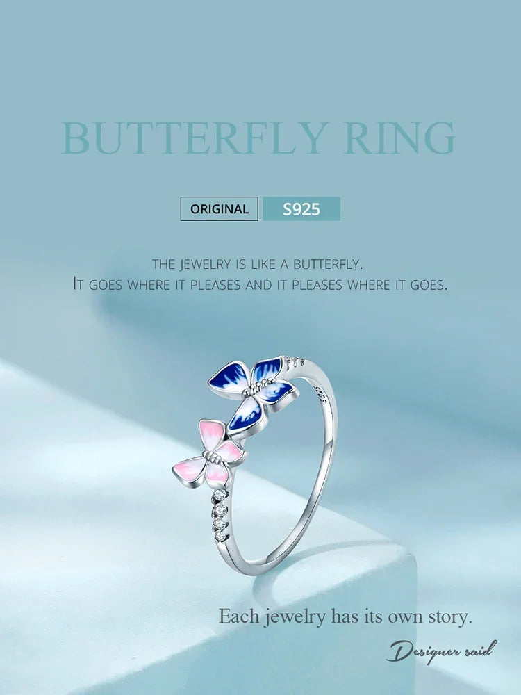 925 Sterling Silver Enamel Butterfly CZ Band Ring - Velora Luxury Fashion