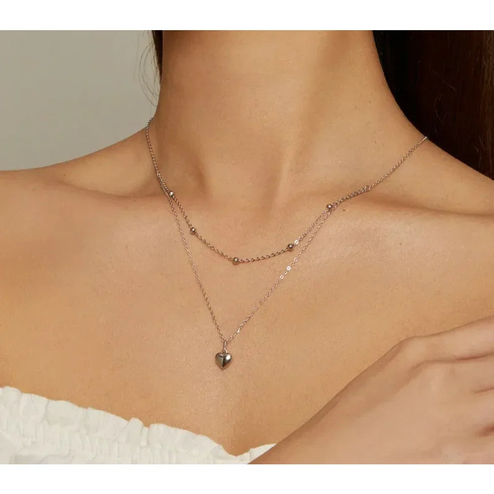 925 Sterling Silver Heart Pendant Necklace - Elegant Double Layer Choker For Women - Bsn168 - Velora Luxury Fashion