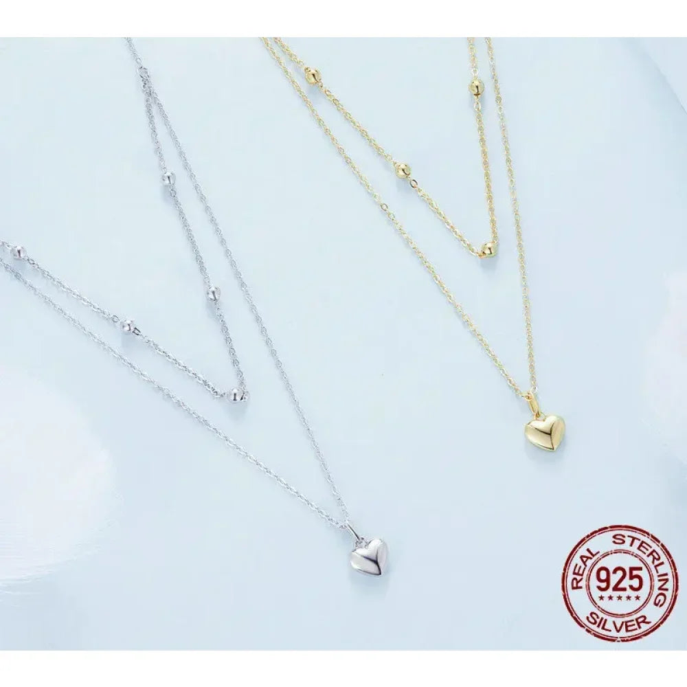 925 Sterling Silver Heart Pendant Necklace - Elegant Double Layer Choker For Women - Bsn168 - Velora Luxury Fashion
