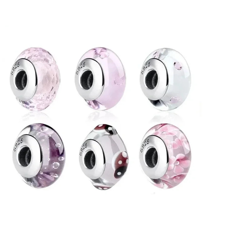 925 Sterling Silver Pink Flower Murano Glass Beads - Diy Bracelet Charms For A Festive Touch (Scz001) - Velora Luxury Fashion