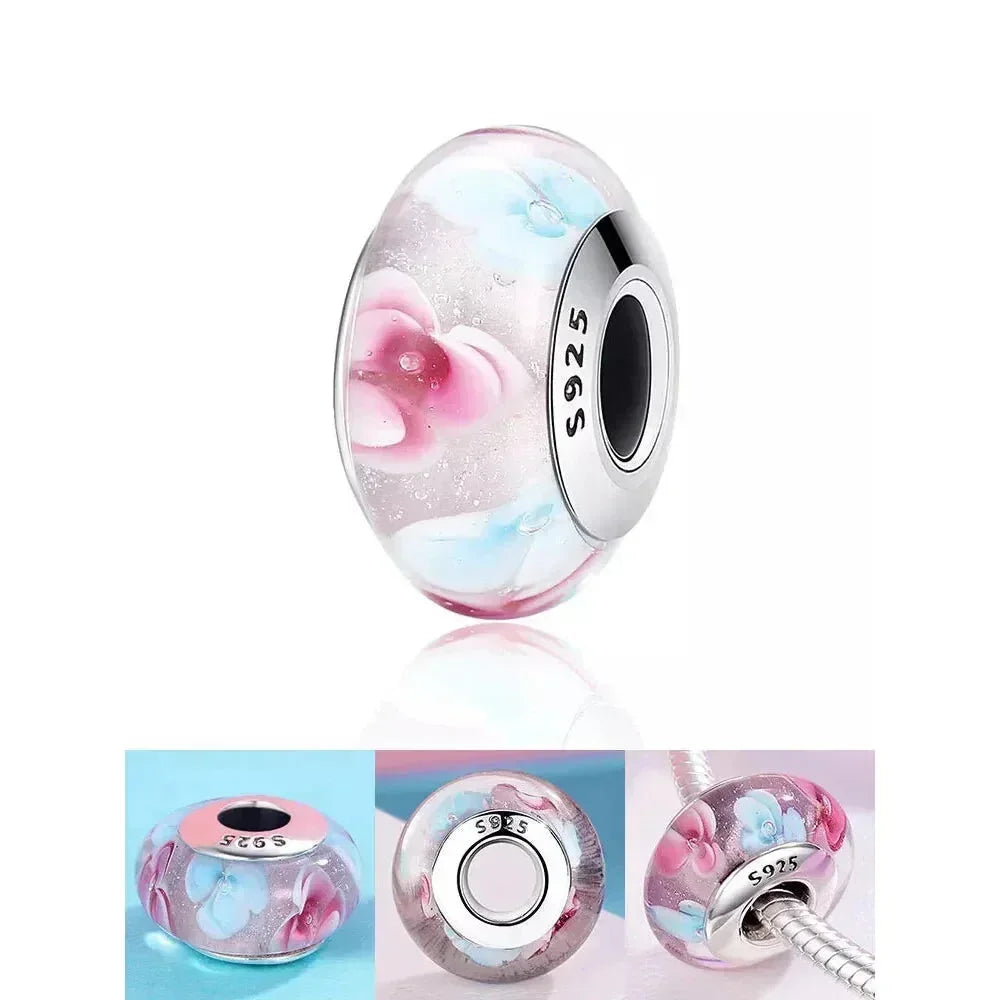925 Sterling Silver Pink Flower Murano Glass Beads - Diy Bracelet Charms For A Festive Touch (Scz001) - Velora Luxury Fashion