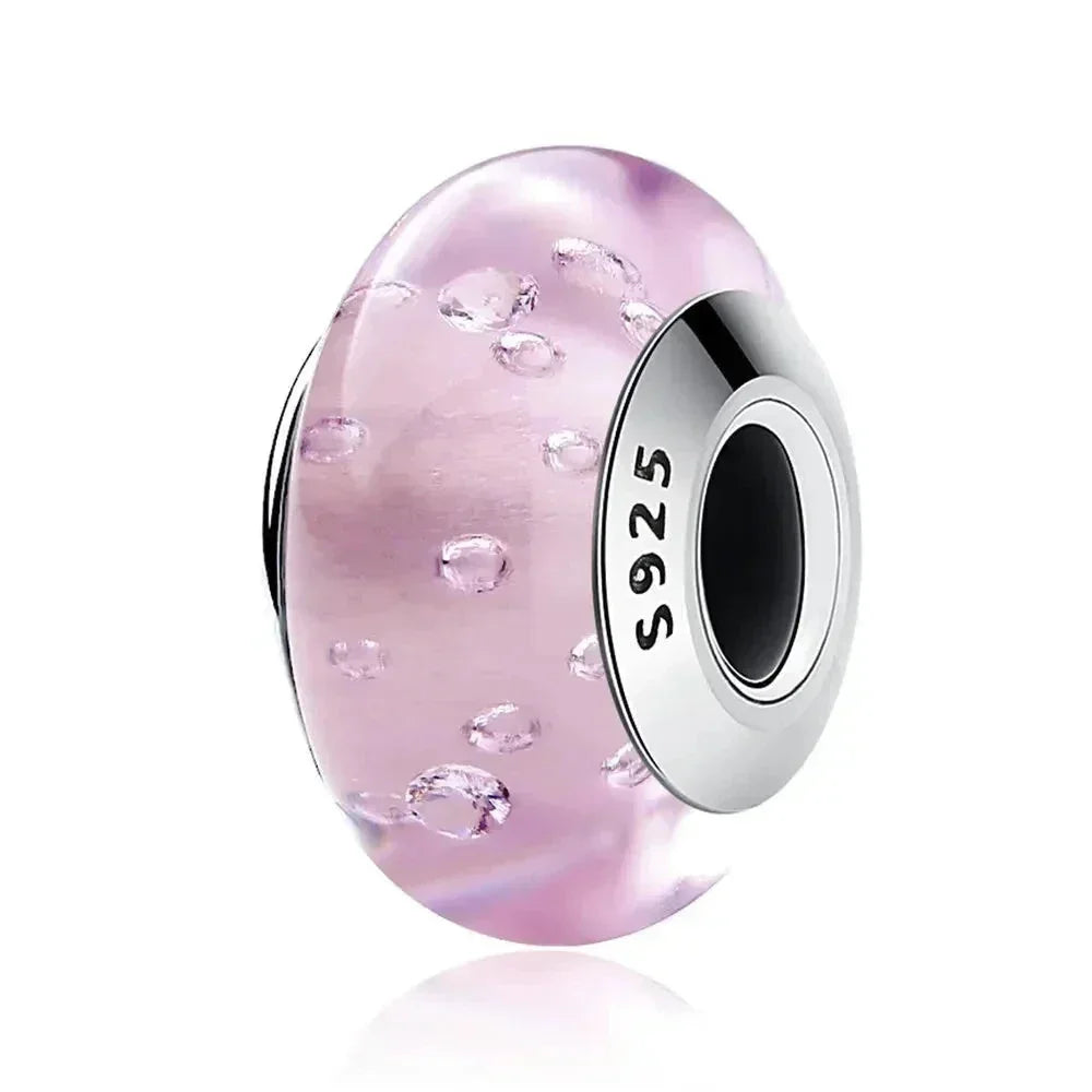 925 Sterling Silver Pink Flower Murano Glass Beads - Diy Bracelet Charms For A Festive Touch (Scz001) - Velora Luxury Fashion