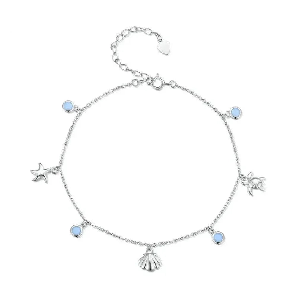 925 Sterling Silver Seastar And Shell Pendant Anklet | Simple Chain Foot Jewelry For Women | Platinum Plated Summer Jewelry - Velora Luxury Fashion