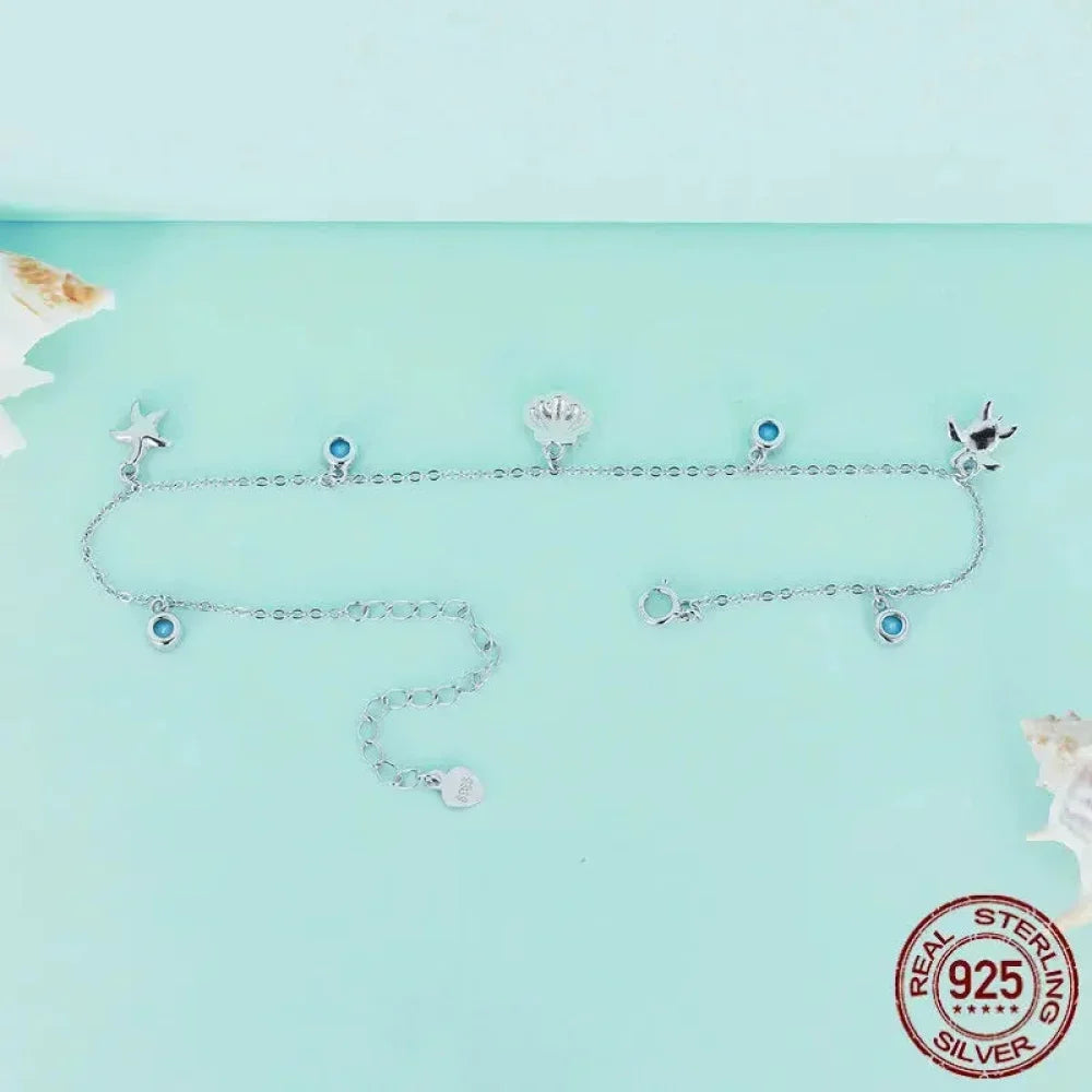 925 Sterling Silver Seastar And Shell Pendant Anklet | Simple Chain Foot Jewelry For Women | Platinum Plated Summer Jewelry - Velora Luxury Fashion