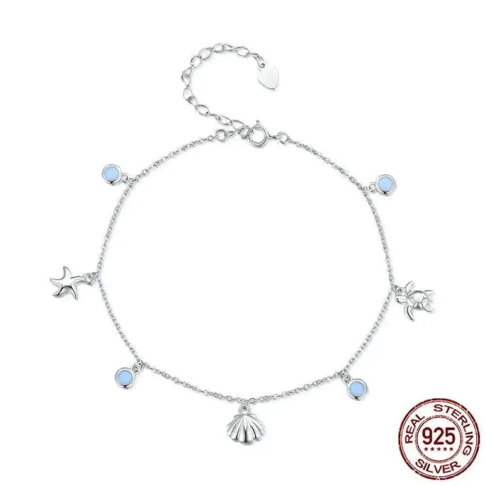 925 Sterling Silver Seastar And Shell Pendant Anklet | Simple Chain Foot Jewelry For Women | Platinum Plated Summer Jewelry - Velora Luxury Fashion