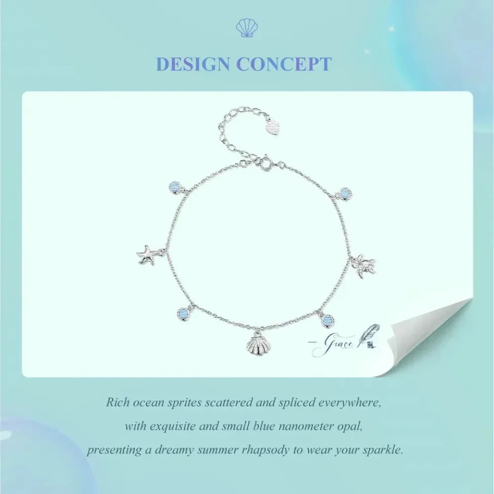 925 Sterling Silver Seastar And Shell Pendant Anklet | Simple Chain Foot Jewelry For Women | Platinum Plated Summer Jewelry - Velora Luxury Fashion