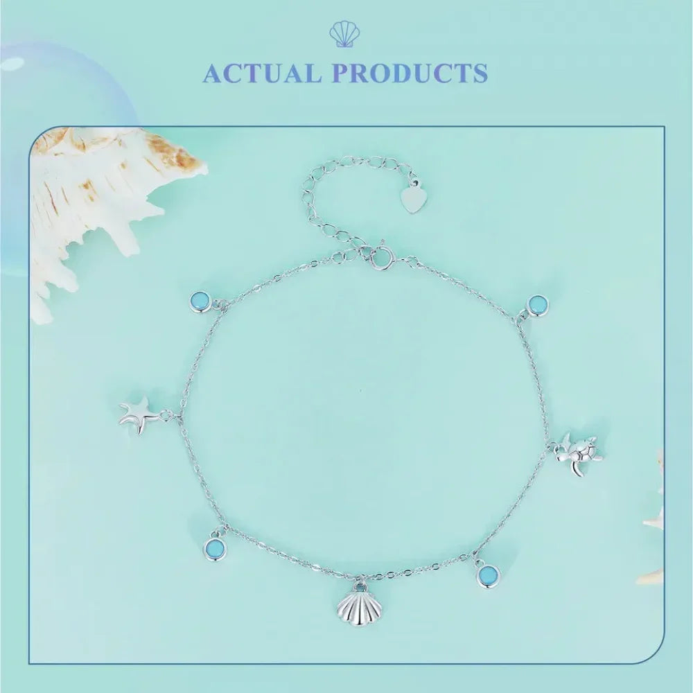 925 Sterling Silver Seastar And Shell Pendant Anklet | Simple Chain Foot Jewelry For Women | Platinum Plated Summer Jewelry - Velora Luxury Fashion
