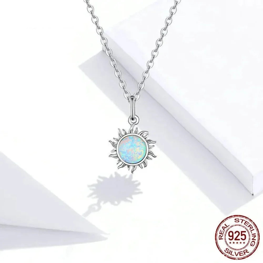 925 Sterling Silver White Opal Sun Pendant Necklace - Apollo Chain for Women - Velora Luxury Fashion