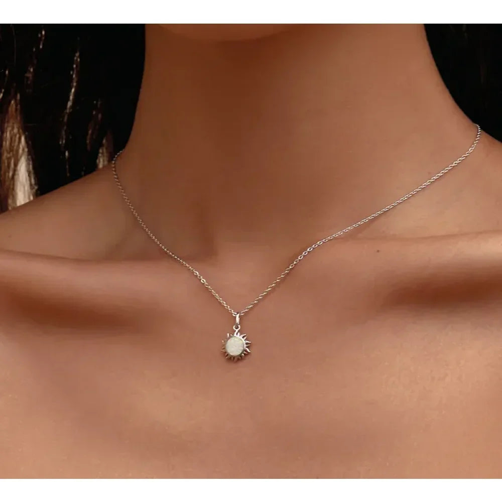 925 Sterling Silver White Opal Sun Pendant Necklace - Apollo Chain for Women - Velora Luxury Fashion