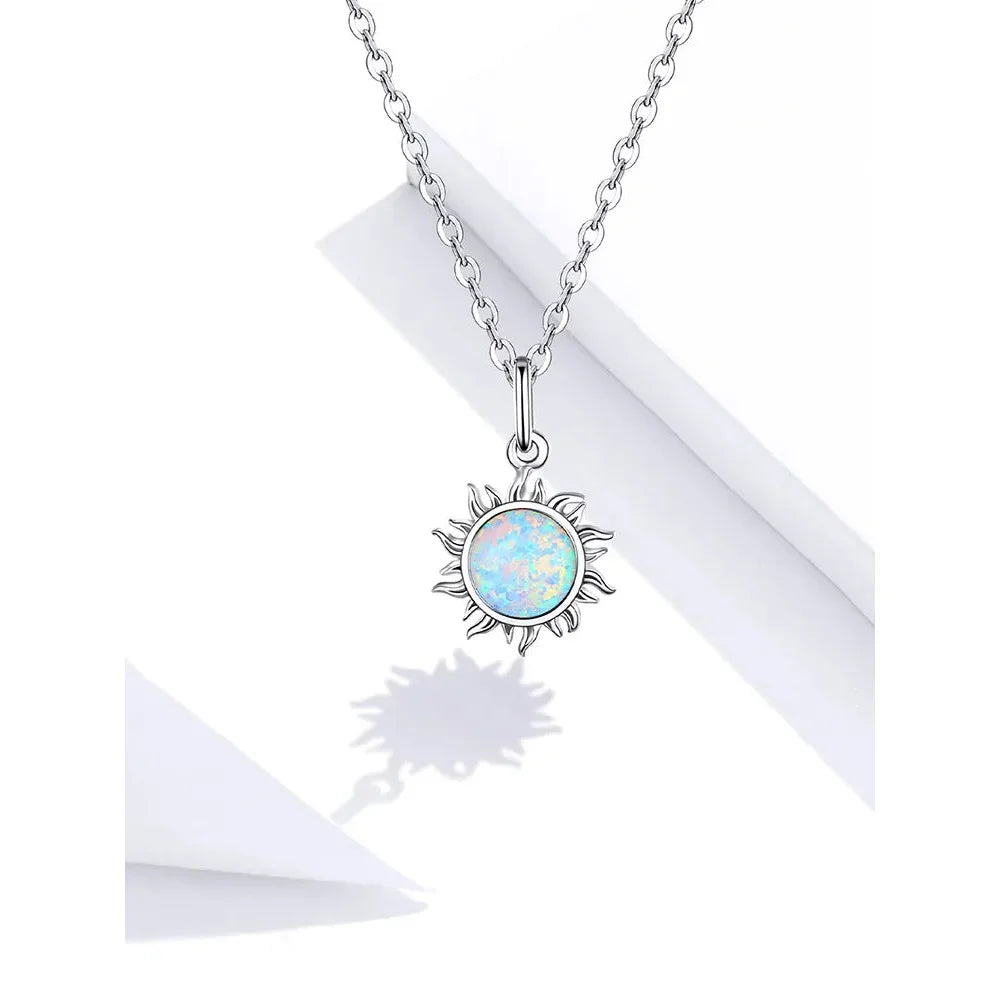 925 Sterling Silver White Opal Sun Pendant Necklace - Apollo Chain for Women - Velora Luxury Fashion