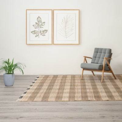 Artisan Hand Woven Jute Cotton Grey Plaid Rug-5X7 Ft - Velora