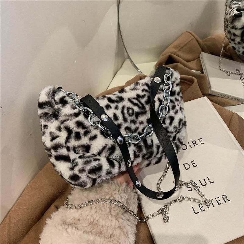 Leopard Pattern Plush Bag Personality Diagonal Women Bag Chain Shoulder Bag