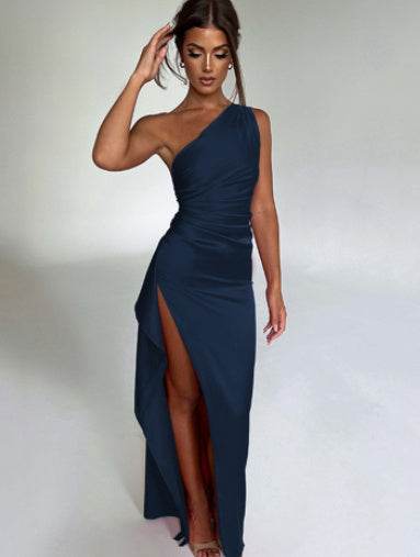 Sexy One-shoulder Backless Slit Dress Summer Elegant Slim-fit Solid Color Satin Dresses For Women - Velora