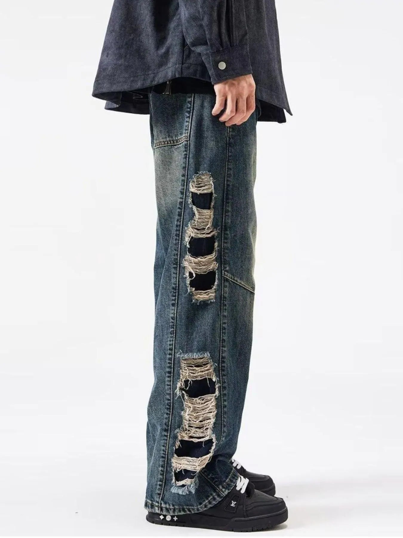 Men's Full Size Distressed Wide Leg Baggy Jeans Plus Size - Velora