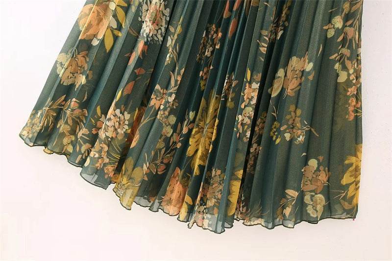 2pcs Floral Satin Skirt suit Long sleeve button shirt and Pleated Midi Skirt Outfit set - Velora